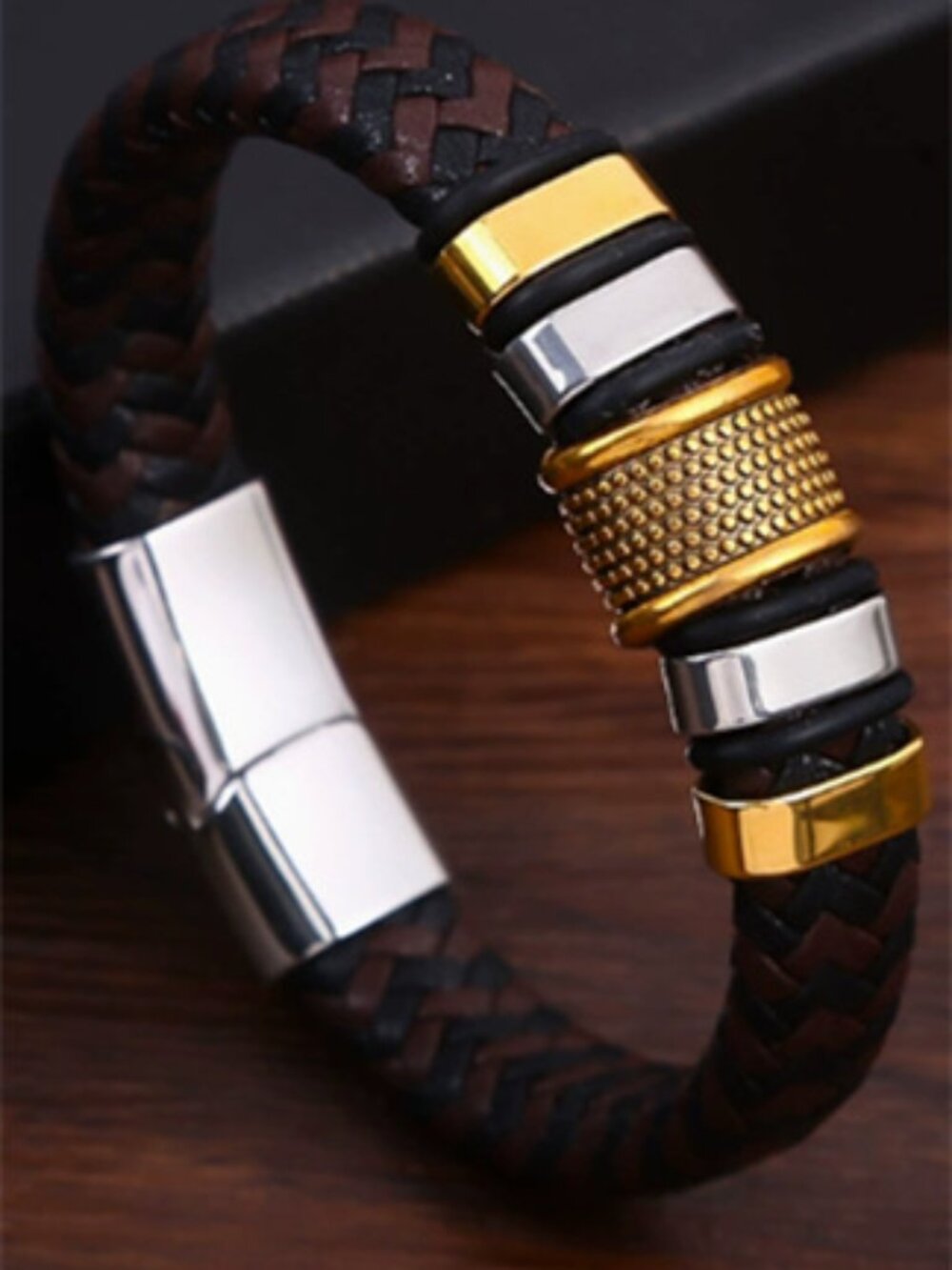 Two Tone Metal Accent Braided Leather Men’s Bracelet